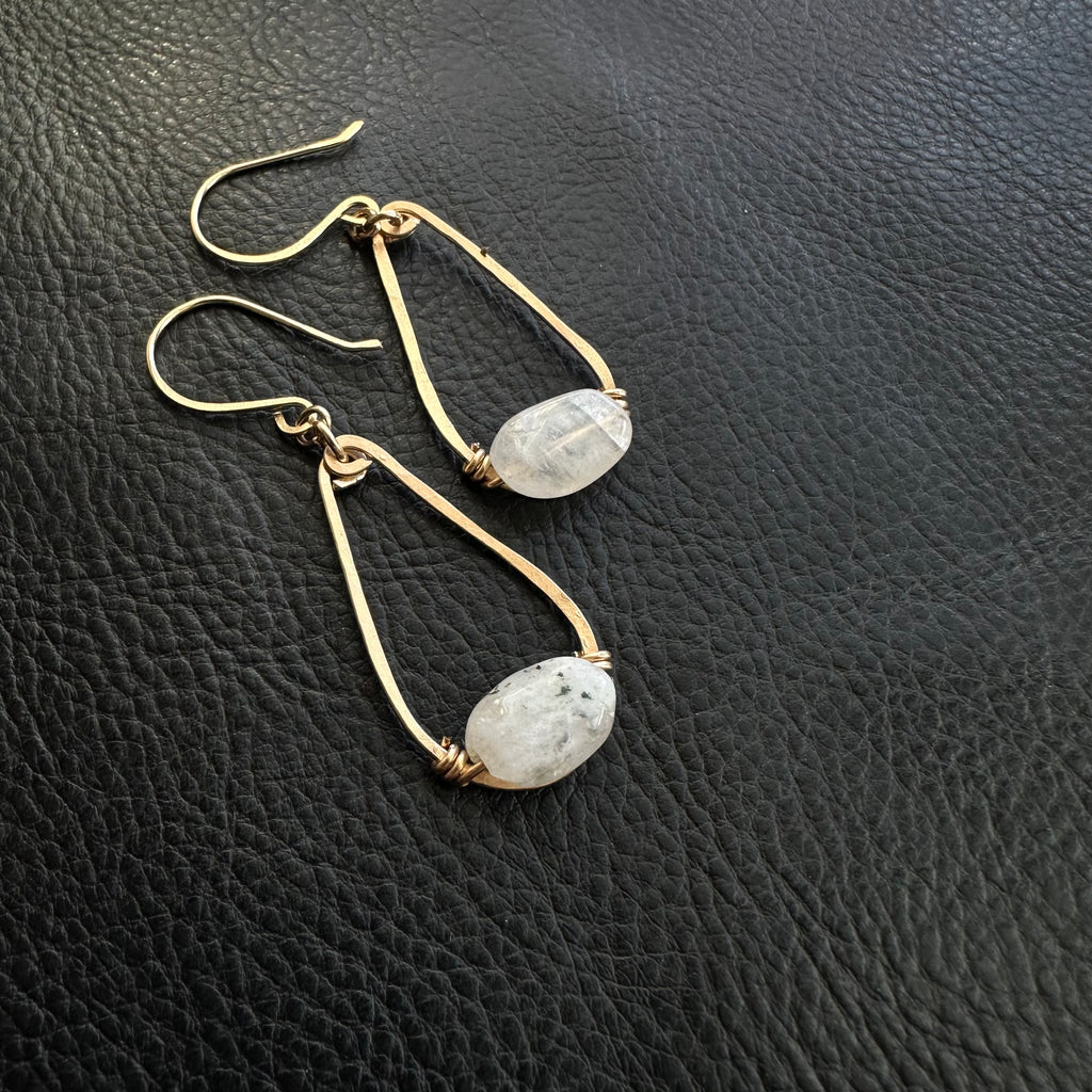 Hammered Gold Droplets with Rainbow Moonstone